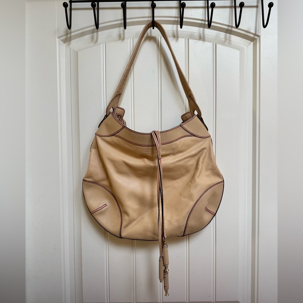 Lancel Cream Leather w Pink Topstitching Shoulder Bag w Tassels. 15” x 12” x 2”